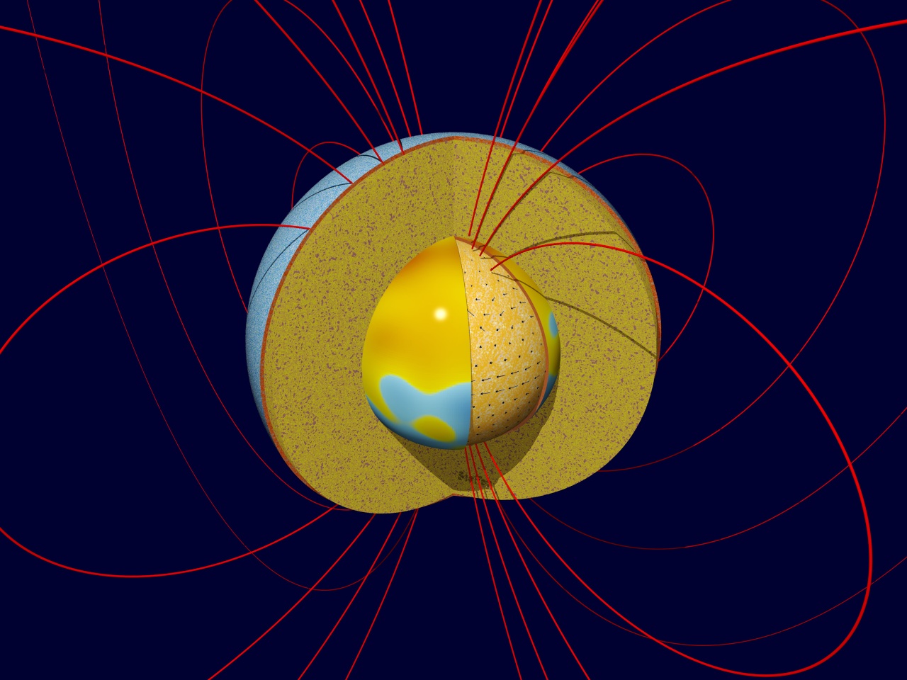 Enlarged view: Figure 1: Cut-out of the Earth, illustrating the source of the magnetic field in the core. On the left part of the core is contoured the strength of the radial magnetic field $B_r$, warm colours indicating the intensity of field linesentering the core and cold colours indicating the intensity of field linesexiting the core; the region of reverse flux below the South Atlantic can just be seen.The tangential component of the fluid motion partly responsible for the secular variation is illustrated on the right section of the core. (Courtesy S. Rau).
