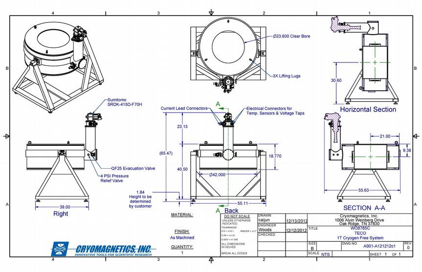 Enlarged view: Figure 2:Preliminary drawings of the super conducting magnet (courtesy of CRYOMAGNETICS).