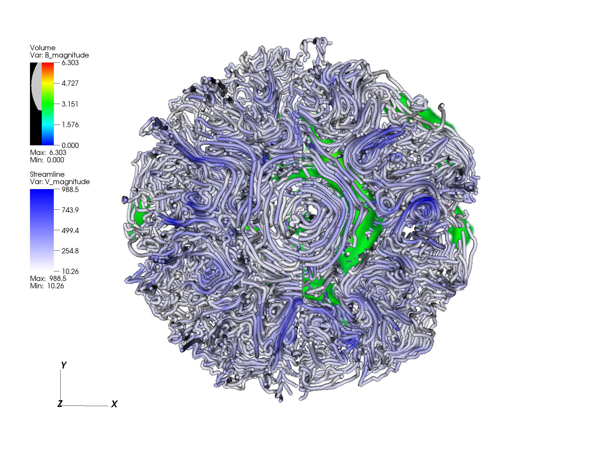 Enlarged view: Streamlines of the flow of the liquid metal in the Earth's-like dynamo.