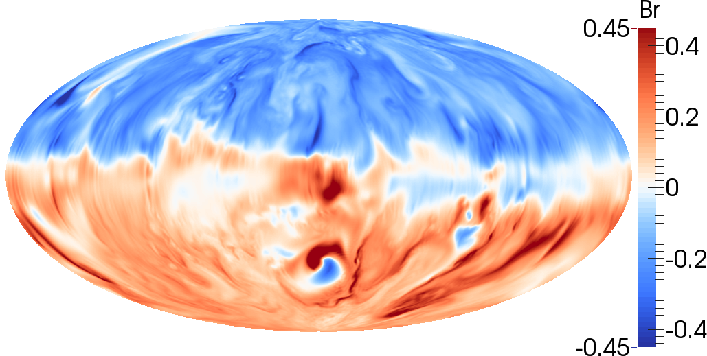 Enlarged view: Low-viscous simulation of the geodynamo.